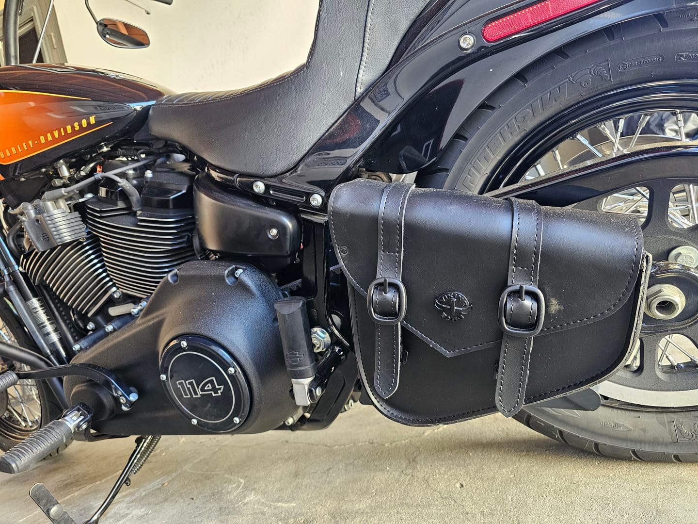 Customer photo review of 3L - Dark Age Plain Leather Motorcycle Swing arm Bag For Harley Softail