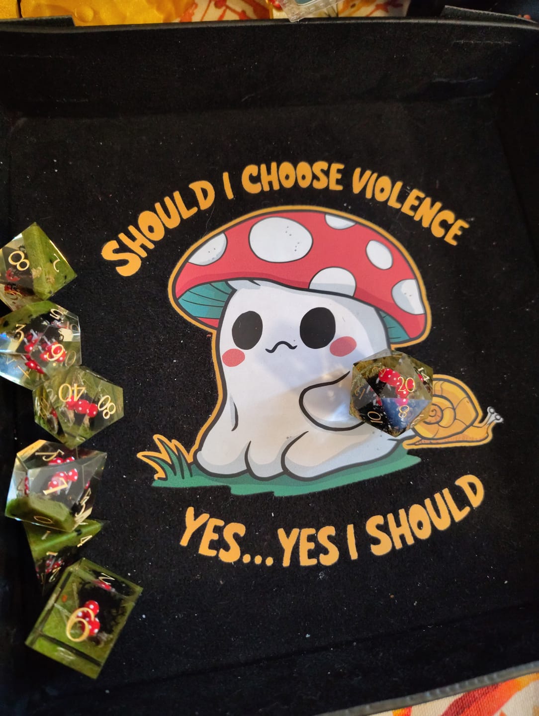 Customer photo review of Red Mushroom Resin Dice Set