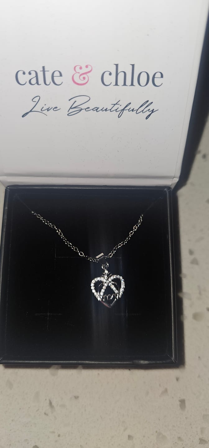 Customer photo review of Jenna 18k White Gold Plated Mom Heart Necklace with Simulated Diamond Crystals