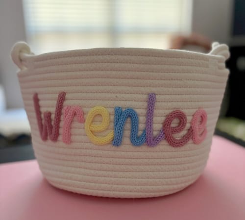 Customer photo review of Baby Knits™  Multicolor Personalized Knitted Basket