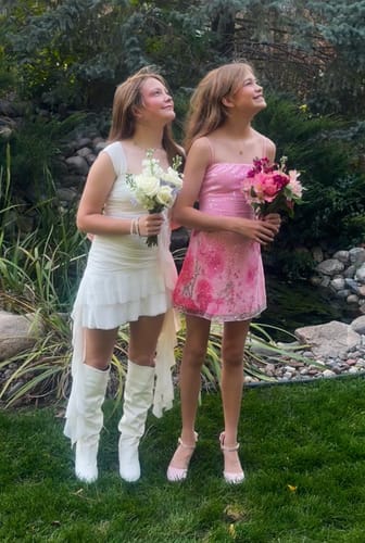 Customer photo review of Irregular flower applique ruffle ruched mini dress