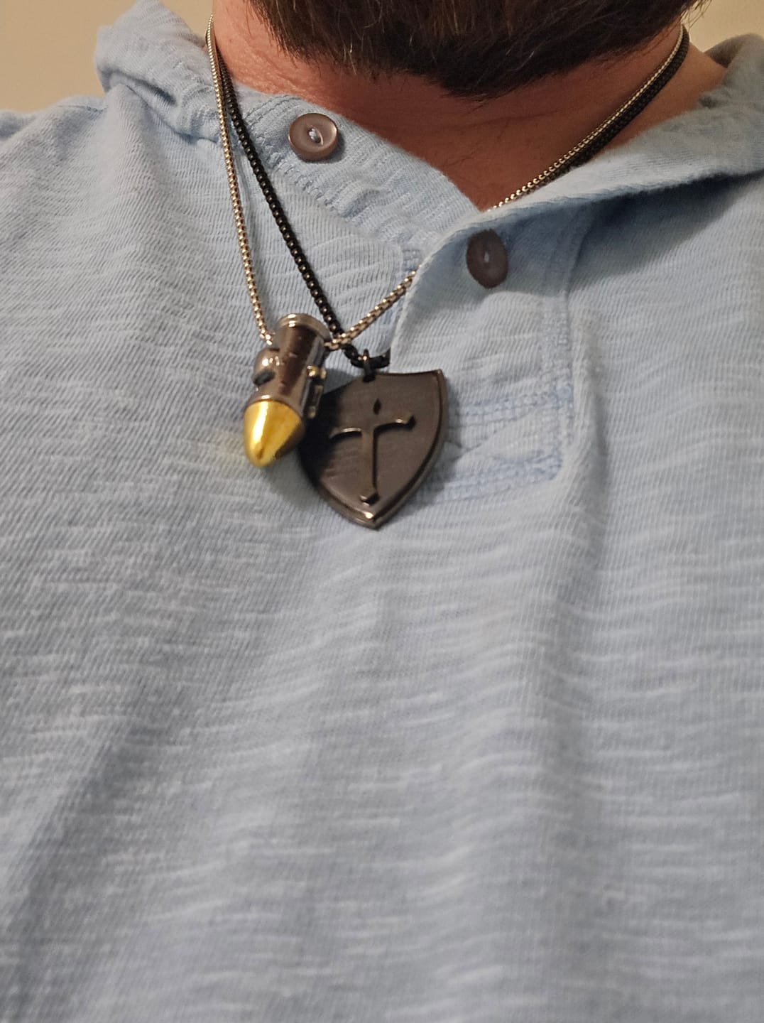 Customer photo review of Christianartworkshop Stainless Steel Lords Prayer Cross Shield Pendant Necklace