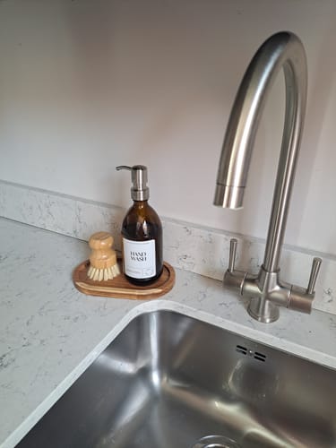 Customer photo review of Set of Amber Glass Bottle 500 ML, Oval Acacia Tray & Dish Brush