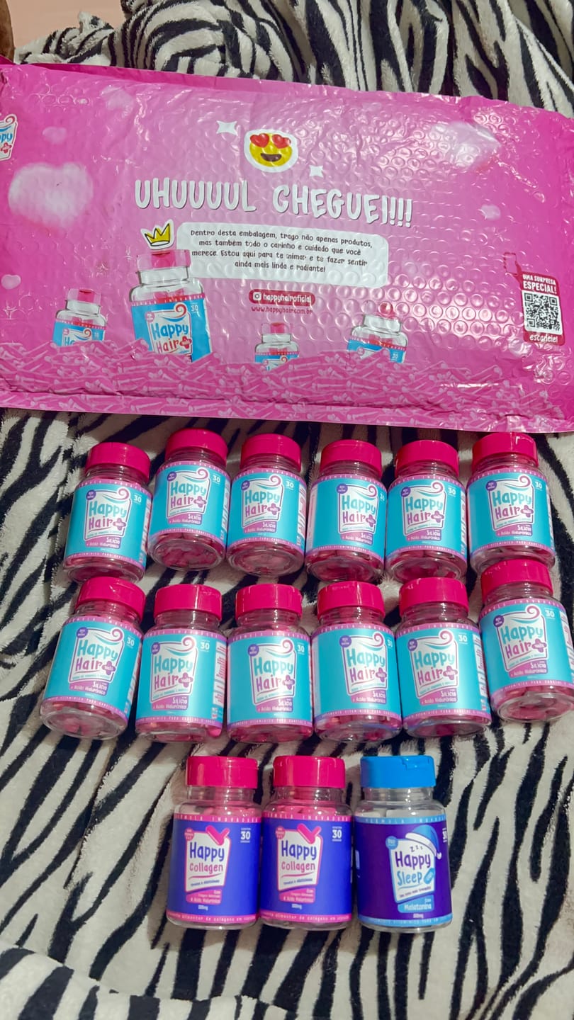Customer photo review of Happy Hair 6 Potes + 6 Potes Grátis + 2 Colágenos + 1 Melatonina (Total 15 Potes)