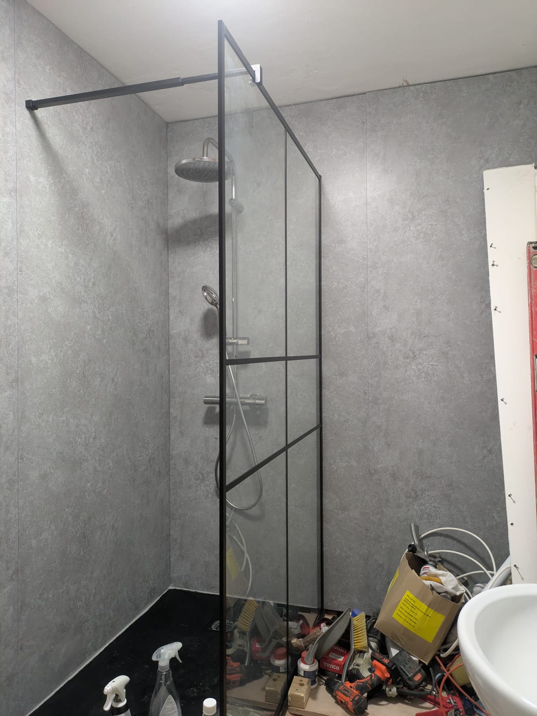 Customer photo review of Premium Grey Concrete Matt Shower Wall Panel – 1M x 2.4M
