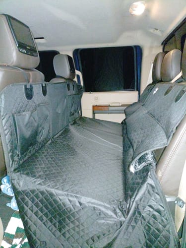 Customer photo review of NEW Waterproof Hard Bottom Car & Truck Seat Foldable Hammock Cover With Storage Pockets, Side Flaps, Headrest Straps, Seat Anchors, & Mesh Window (+FREE SAFETY BELT!)