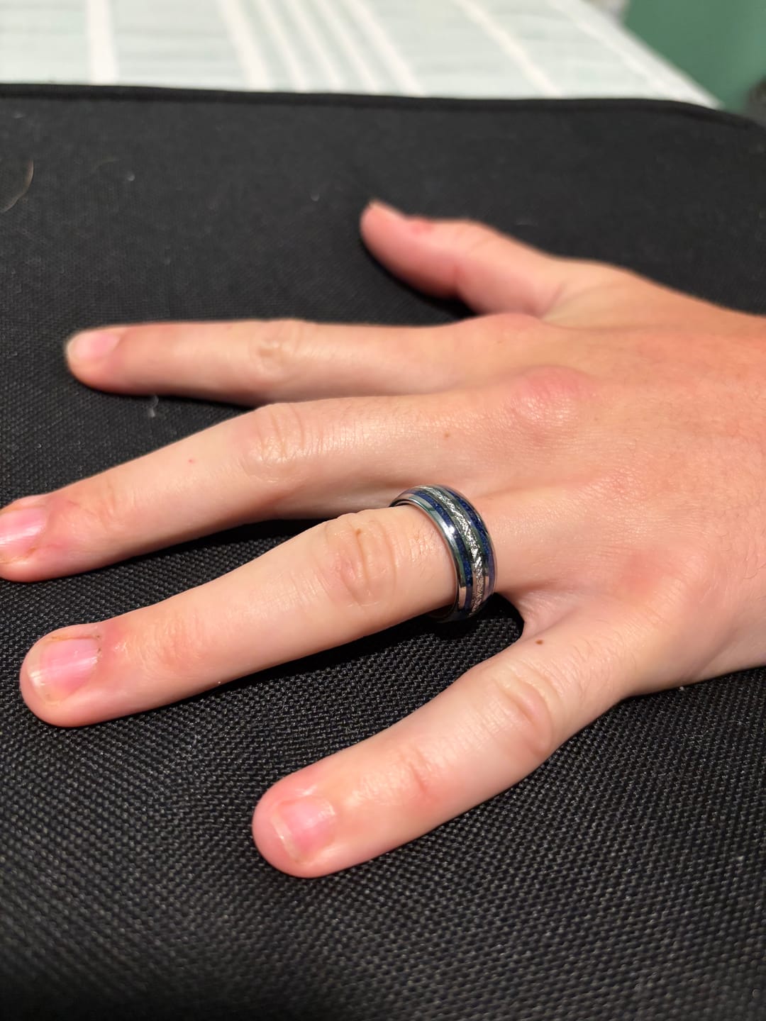 Customer photo review of 8mm - Mens Domed Tungsten Meteorite Ring, W/ Lapis Lazuli Inlay