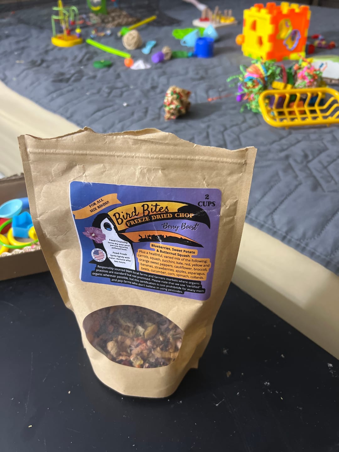 Customer photo review of Bird Bites Freeze Dried Chop - Daily Fruits & Veggies, 5 Flavors to Choose From