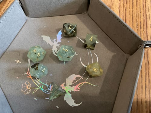 Customer photo review of URWizards D&D Prehnite Gemstone Engraved Dice Set(Limited edition)