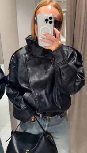 Customer photo review of Lucille Asymmetrical Leather Jacket