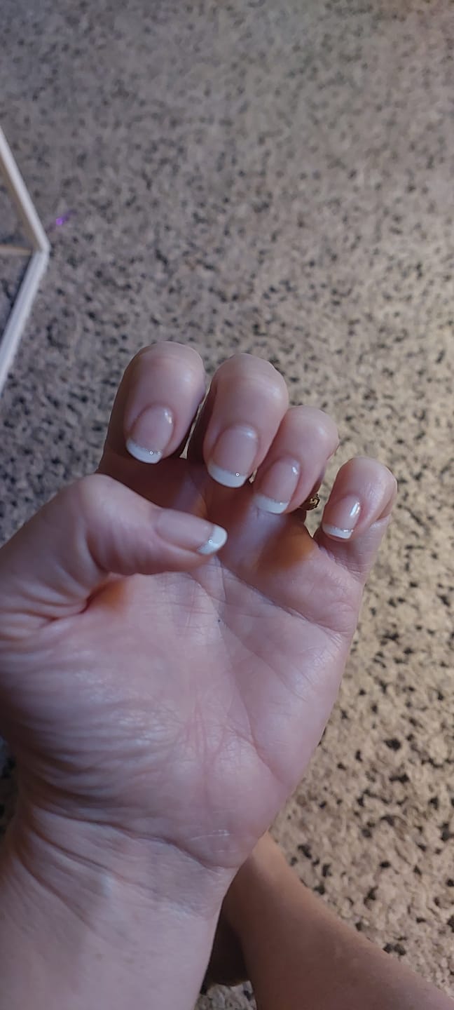 Customer photo review of White French Tip Glitter DIY Semicured Gel Nail Sticker Kit