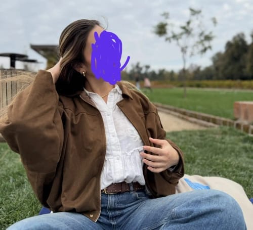 Customer photo review of Lori Suede Bomber Jacket