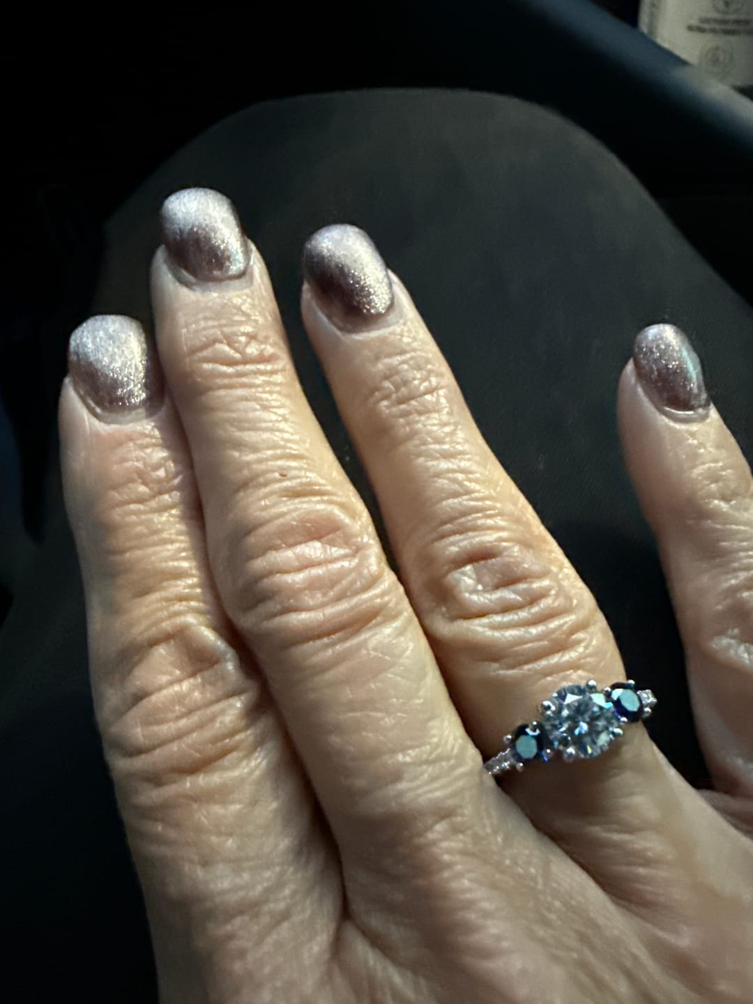 Customer photo review of Three Stone Moissanite and Blue Sapphire Pave Engagement Ring