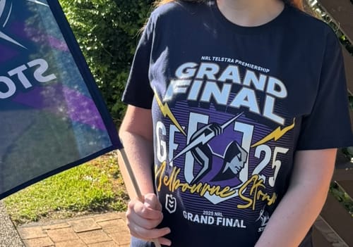 Customer photo review of 2025 Melbourne Storm Grand Final Tee (TIDWELL)