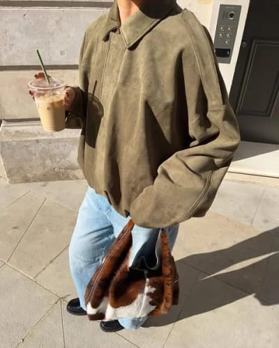 Customer photo review of Lori Suede Bomber Jacket
