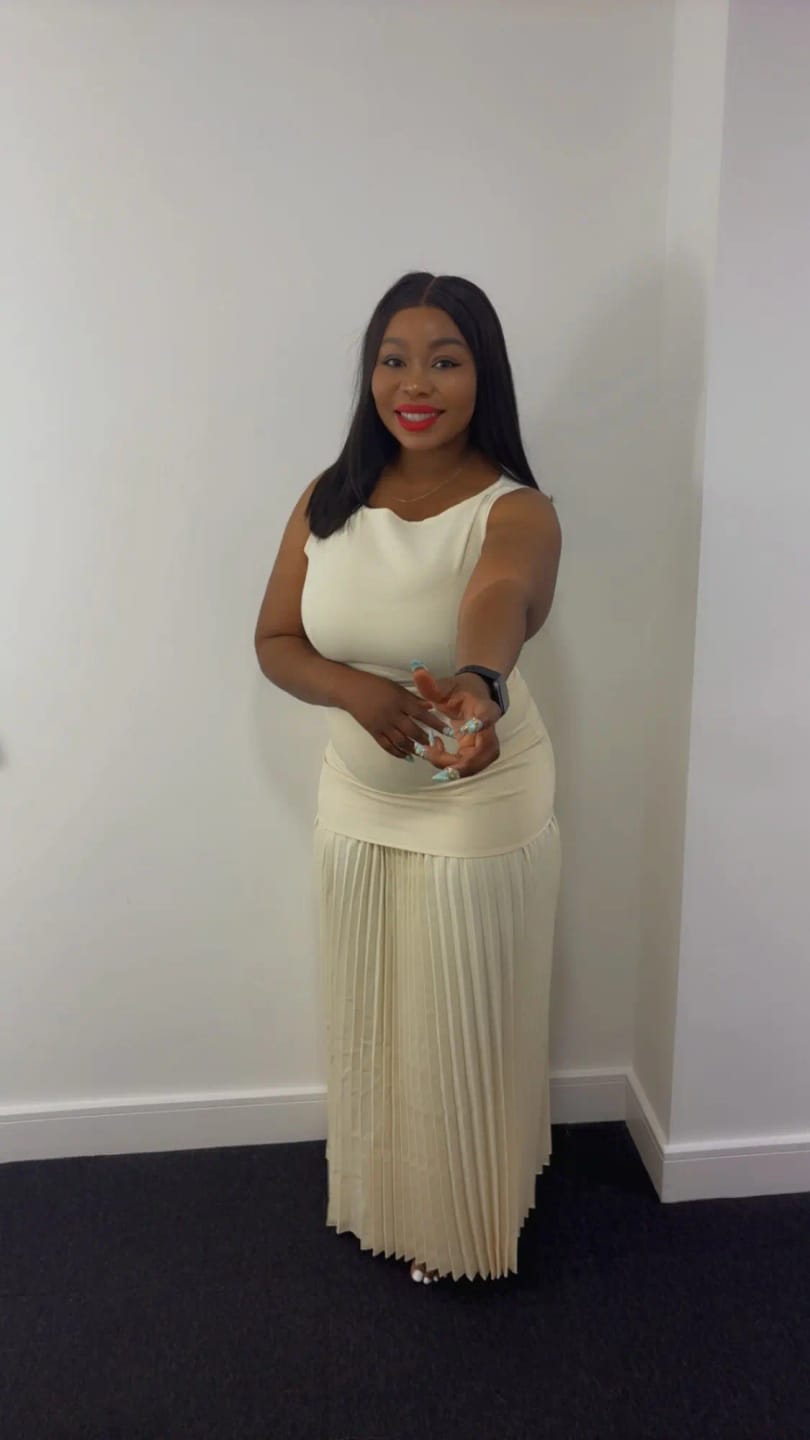 Customer photo review of Polyester Maxi Dress With Pleated Silhouette And Slash Neck Tank — Ivory | KIMLUD