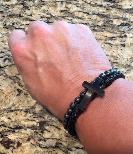 Customer photo review of FIDES Cross Leather & Magnetic Hematite Titanium Bead Bracelet: Helps Pair Veterans With A Service Dog Or Shelter Dog