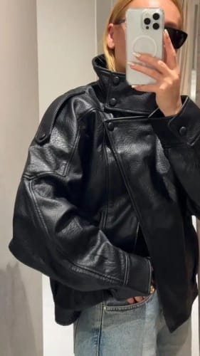 Customer photo review of Lucille Asymmetrical Leather Jacket