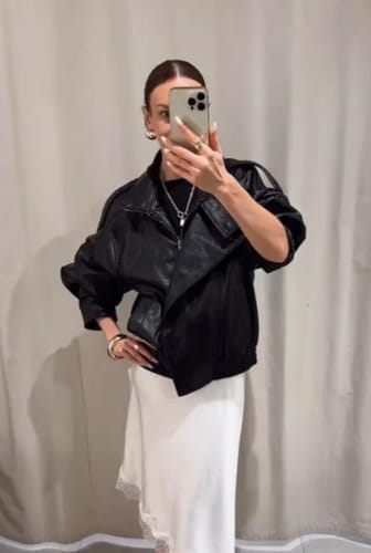 Customer photo review of Lucille Asymmetrical Leather Jacket