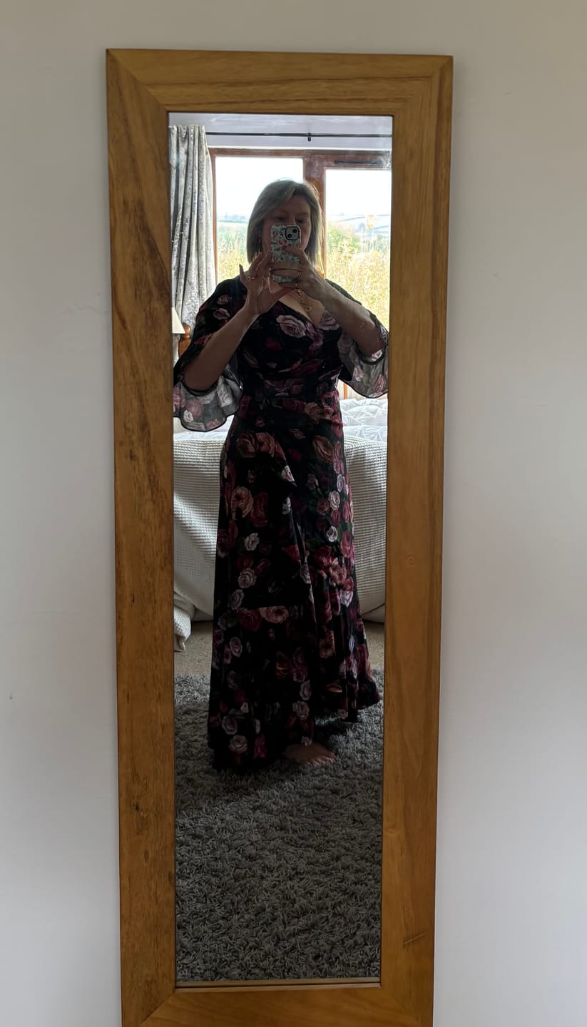 Customer photo review of 'Stevie' Luxe Ruffle Dress in 'Old Masters' - Size 14 & 16 Back in stock