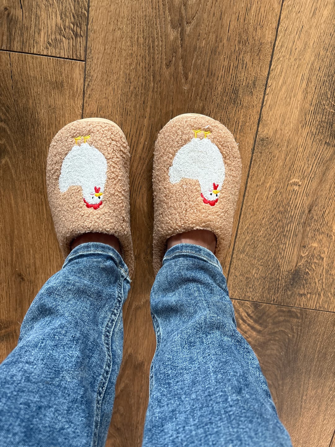 Customer photo review of Brown Fuzzy Chicken Slippers - Adult