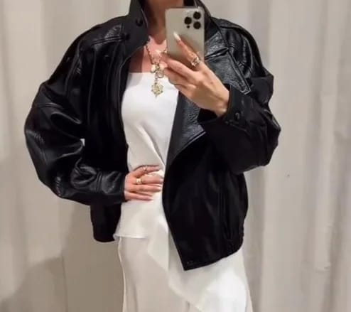 Customer photo review of Lucille Asymmetrical Leather Jacket