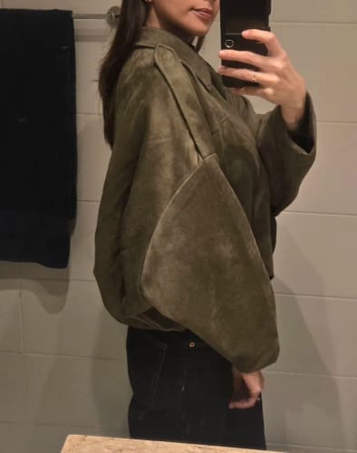 Customer photo review of Lori Suede Bomber Jacket