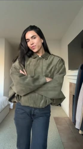 Customer photo review of Lori Suede Bomber Jacket