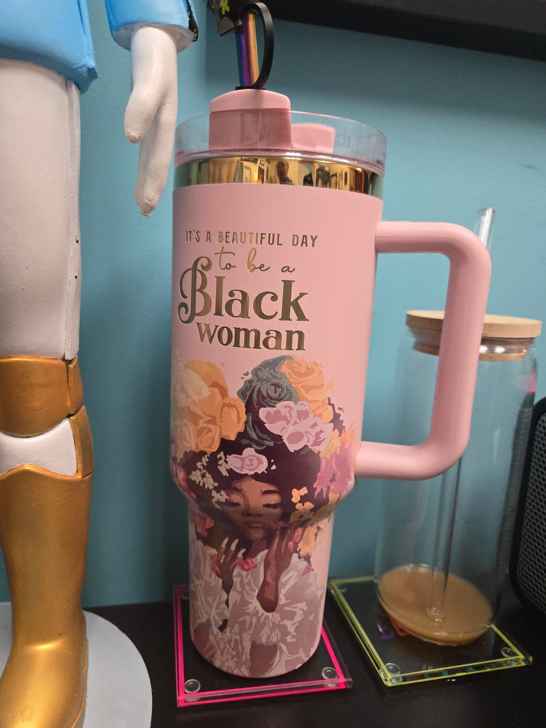 Customer photo review of Pink “Royalty Blossomed” 40oz Insulated Tumbler – "It’s a Beautiful Day to be a Black Woman"