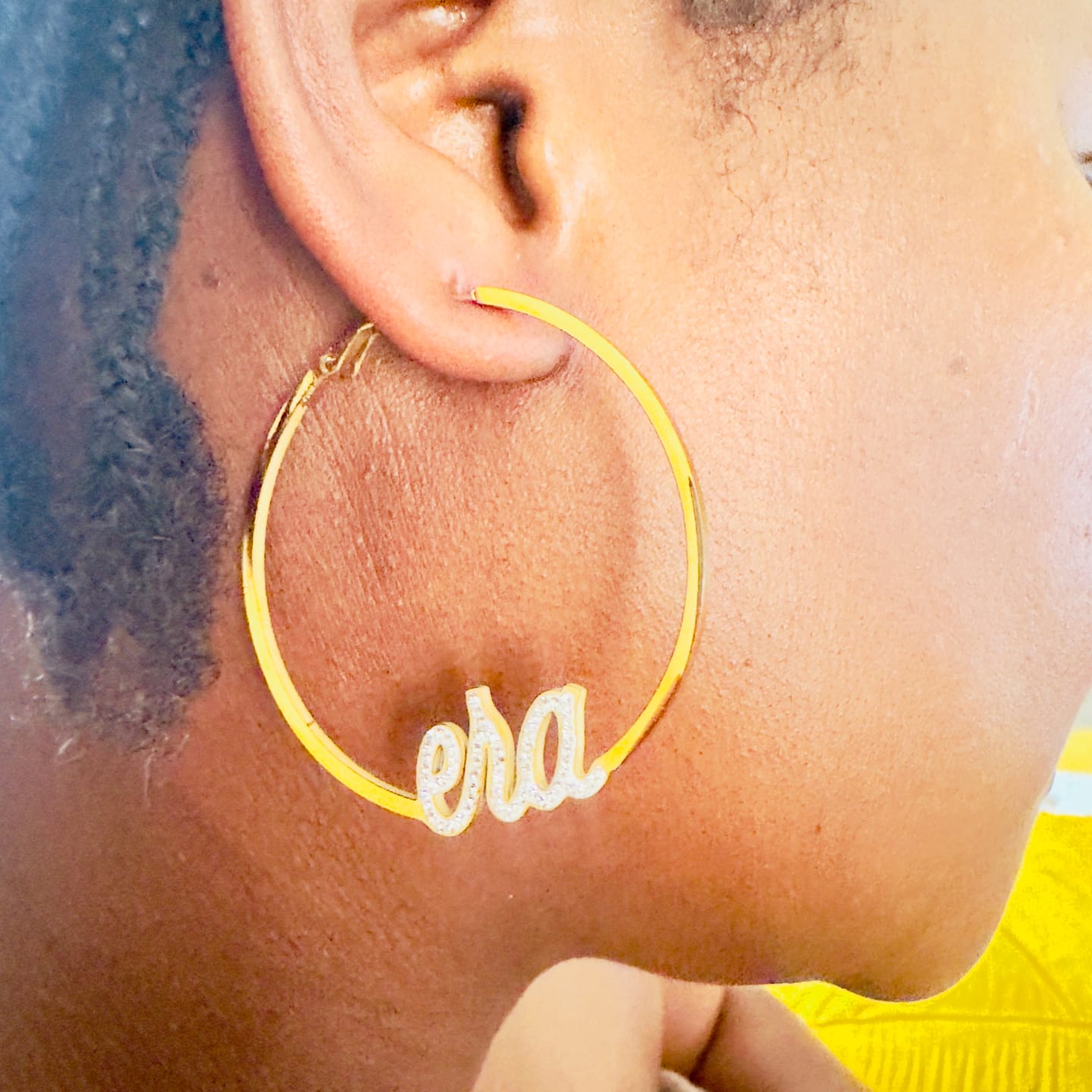 Customer photo review of Gold Precious Era Logo Hoops