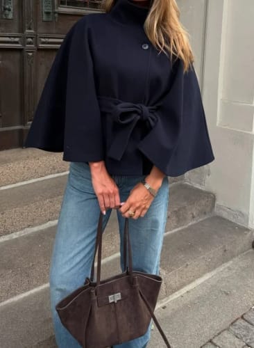 Customer photo review of Gianna Elegant High-Neck Belted Cape Jacket