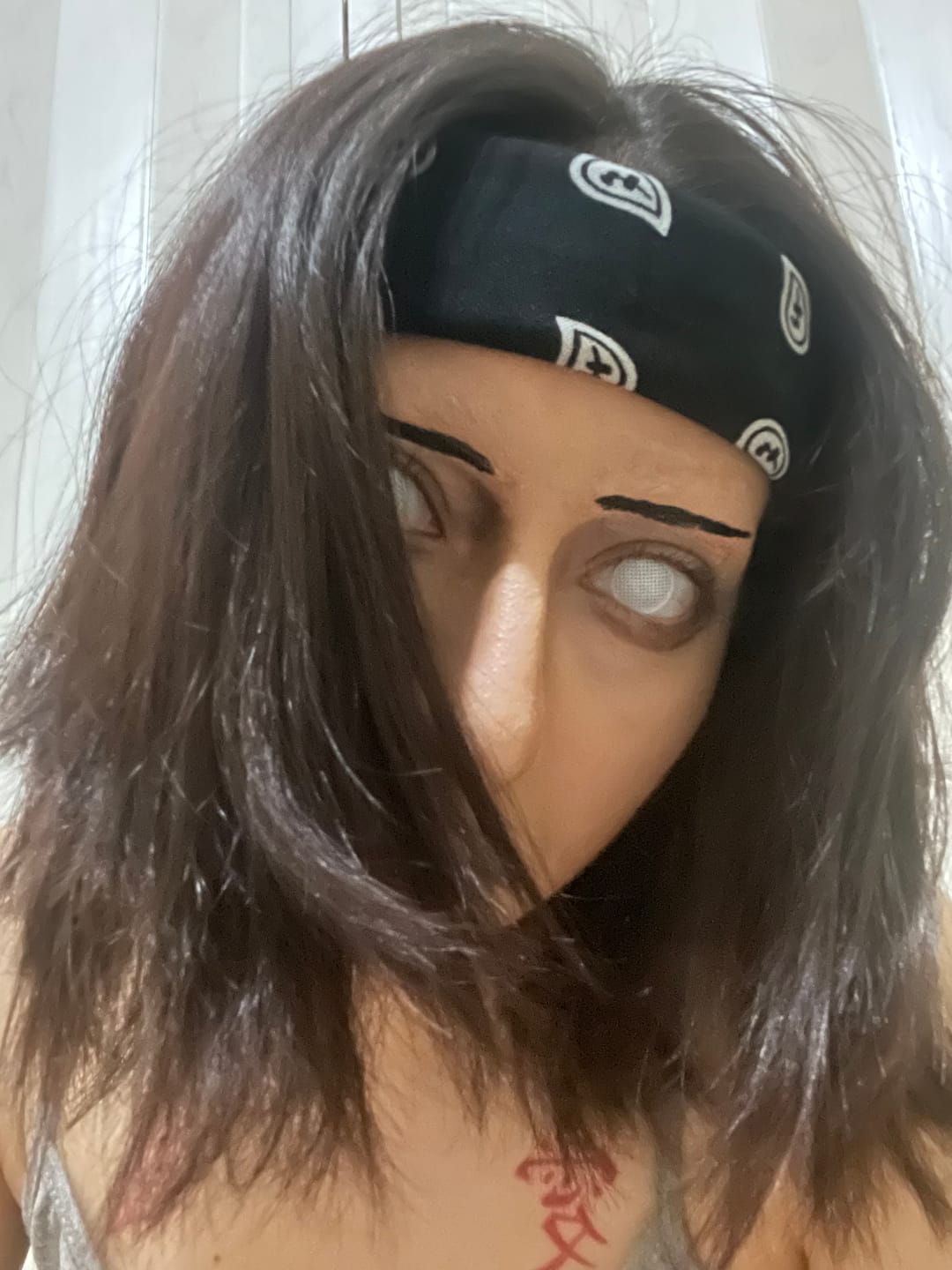 Customer photo review of Halloween White Mesh Colored Contact Lenses