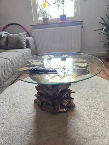 Customer photo review of ExotischerLeben Couchtisch Wurzelholz Couchtisch IKAL – Naturdesign für modernes Wohnen, Glasscheibe Ø 80 cm, Stärke 8mm, gehärtet