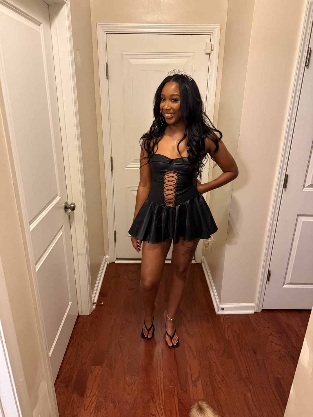 Customer photo review of Allison Faux Leather Corset Flare Mini Dress