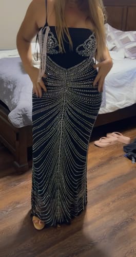 Customer photo review of Orana Black Rhinestone Sheer Maxi Dress