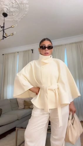 Customer photo review of Gianna Elegant High-Neck Belted Cape Jacket