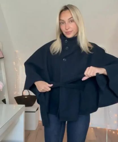 Customer photo review of Gianna Elegant High-Neck Belted Cape Jacket