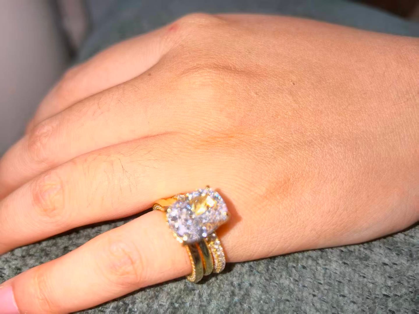 Customer photo review of S925 3PC Wedding Sets 6.5Ct Elongated Cushion Cut Wedding Ring Set With Classic Wedding Bands