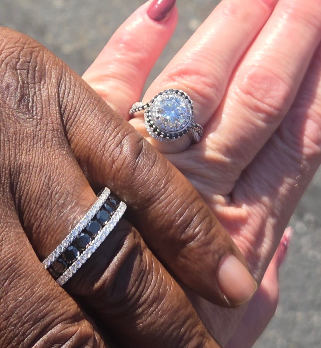 Customer photo review of Double Halo Moissanite Black Pavé Swirl Engagement Ring