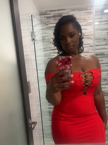 Customer photo review of Frida Red Off Shoulder Gold Chain Criss Cross Bandage Dress