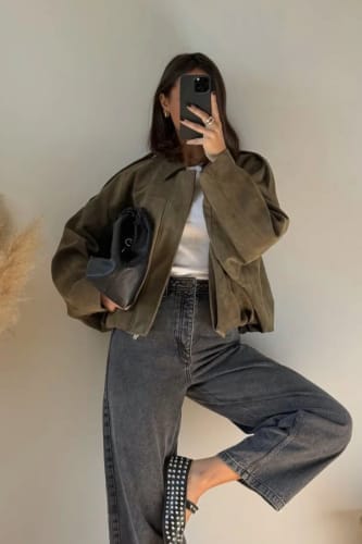 Customer photo review of Lara Suede Bomber Jacket