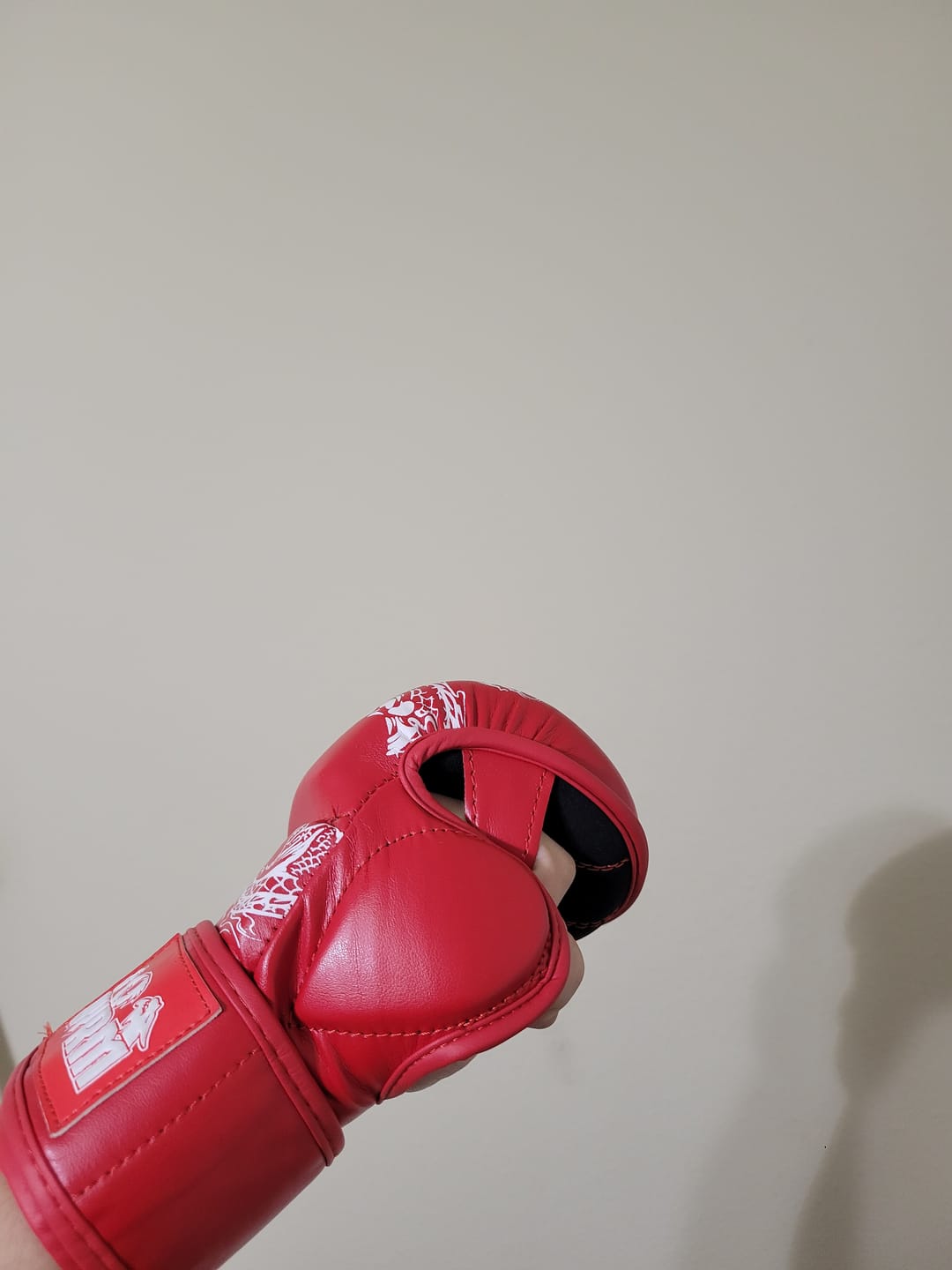 Customer photo review of Dragon Red/White MMA Training Gloves
