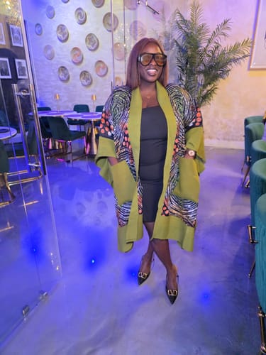 Customer photo review of Delaiah Adire Kimono | Olive