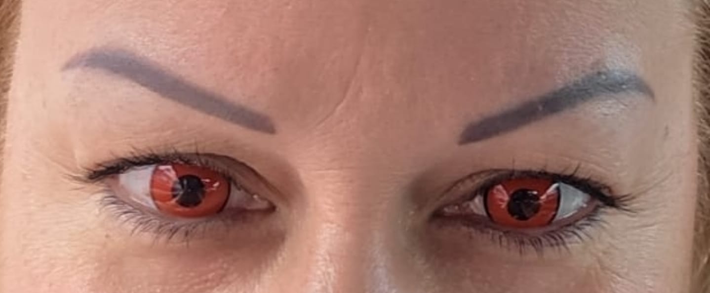 Customer photo review of Cosplay Lucifer's Eye Red Prescription Colored Contact Lenses