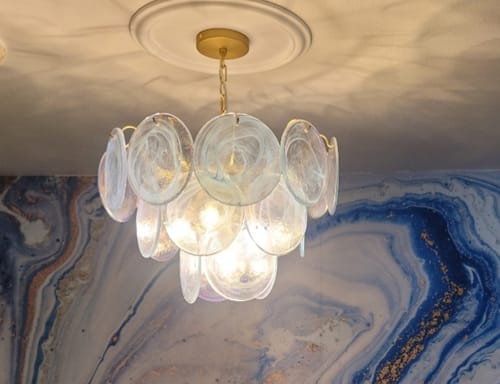 Customer photo review of Glam Blue Iridescent Swirl Glass Round Tiered Chandelier