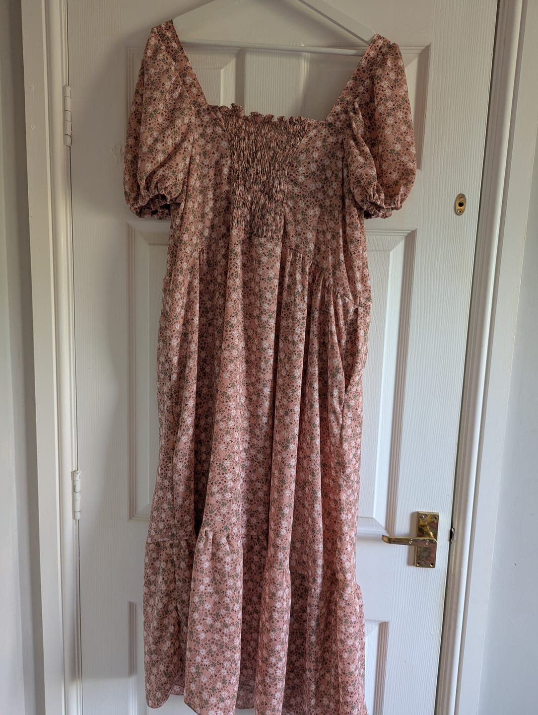 Customer photo review of Khaki and White on Peach Crepe Fabric