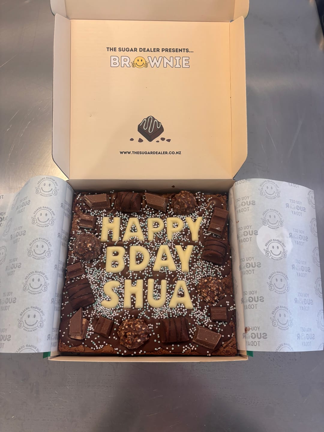 Customer photo review of Custom message chocolate fiend brownie