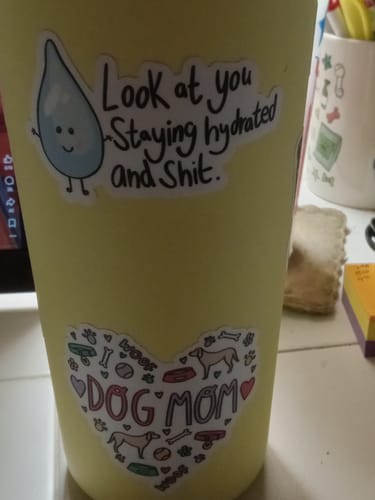 Customer photo review of "Look At You Staying Hydrated And Shit" Water Bottle Sticker