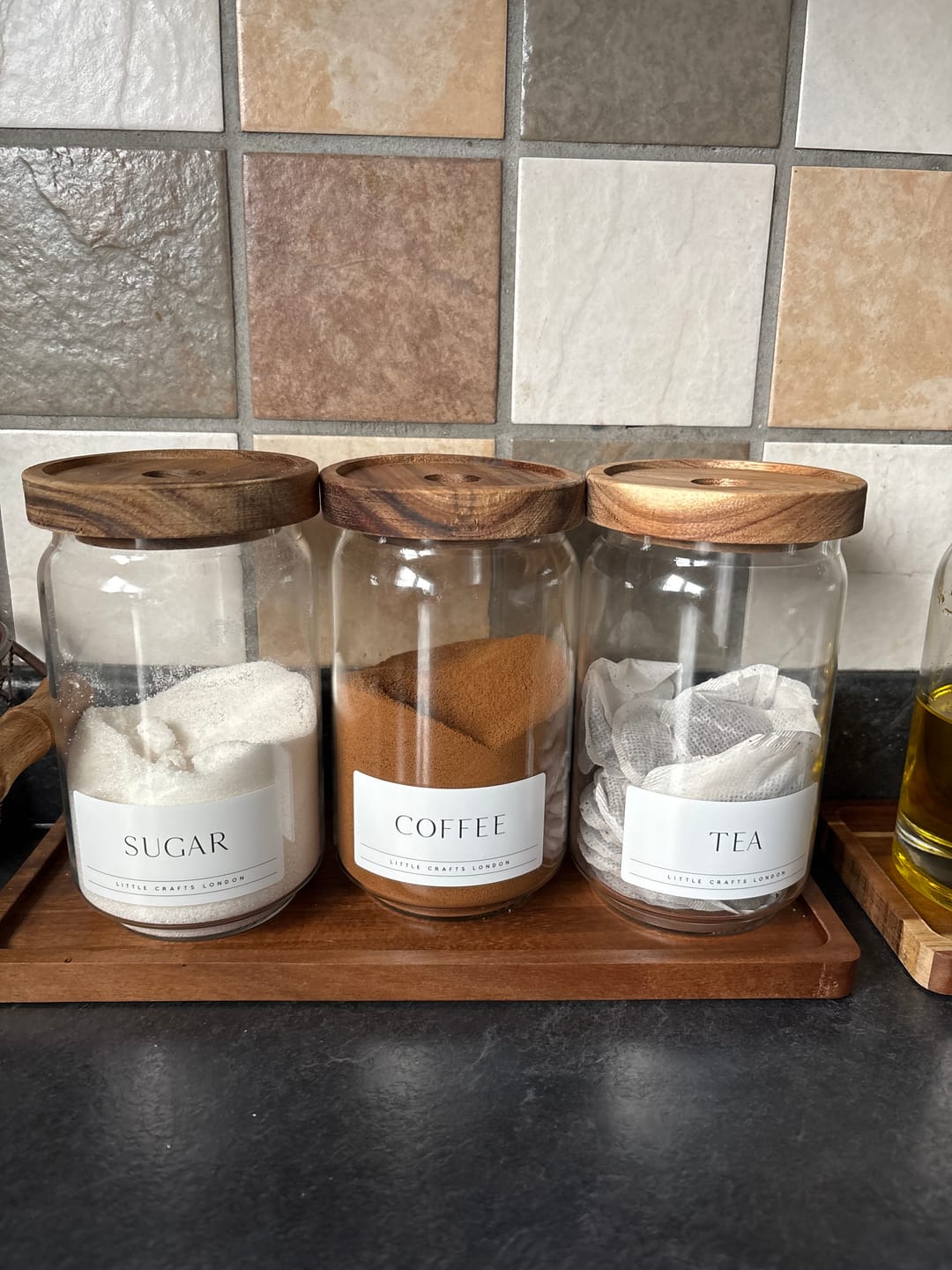 Customer photo review of Set of 3 Acacia Glass Jars Tea, Coffee and Sugar 750 ML & Rectangle Tray [LABEL SLIM]
