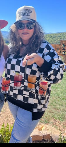 Customer photo review of Black & White Checkered V-Neck Sweatshirt